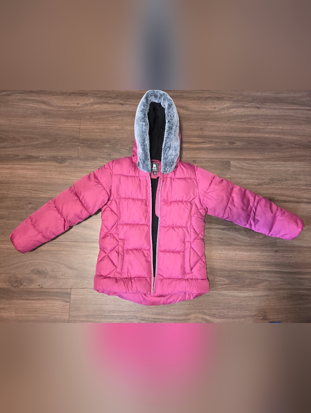Kids Pink Hooded Puffer Jacket with Faux Fur Trim Size 10/12